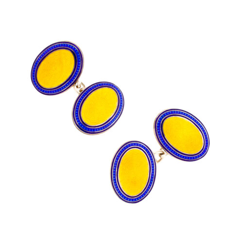 Silver double cufflinks, with yellow and blue enamelling