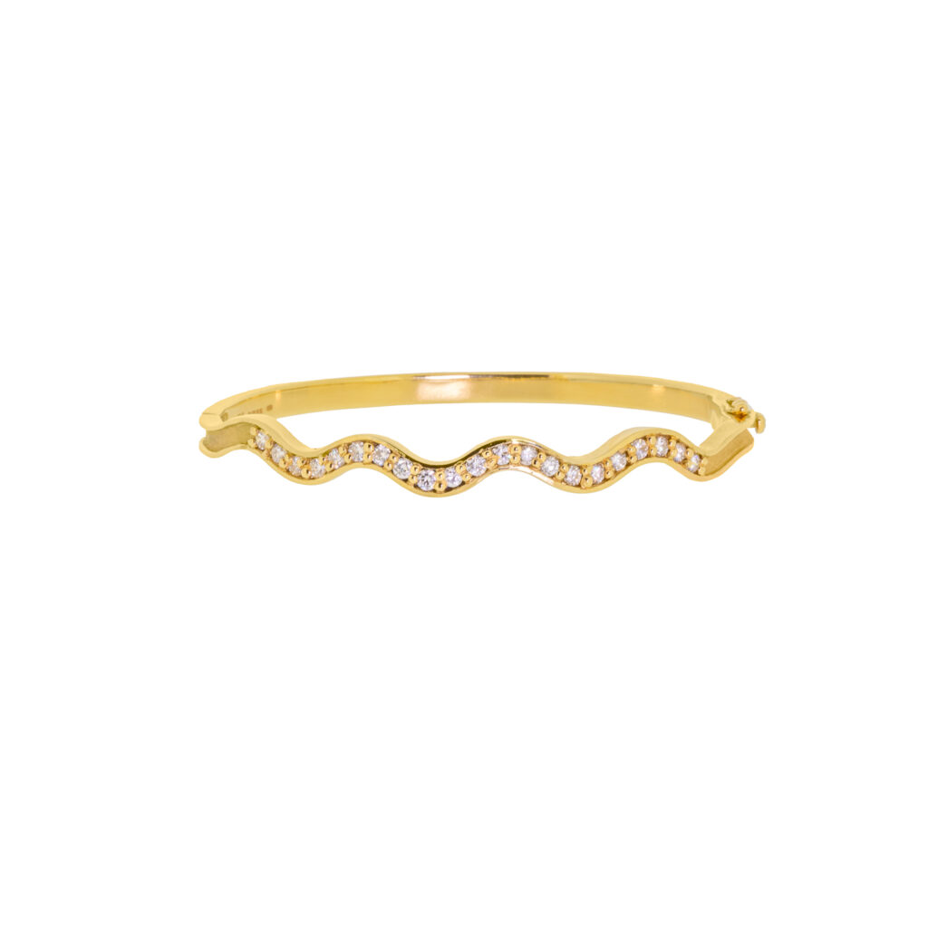 Yellow gold diamond bangle-2 wavy hinged diamond bangle grain set