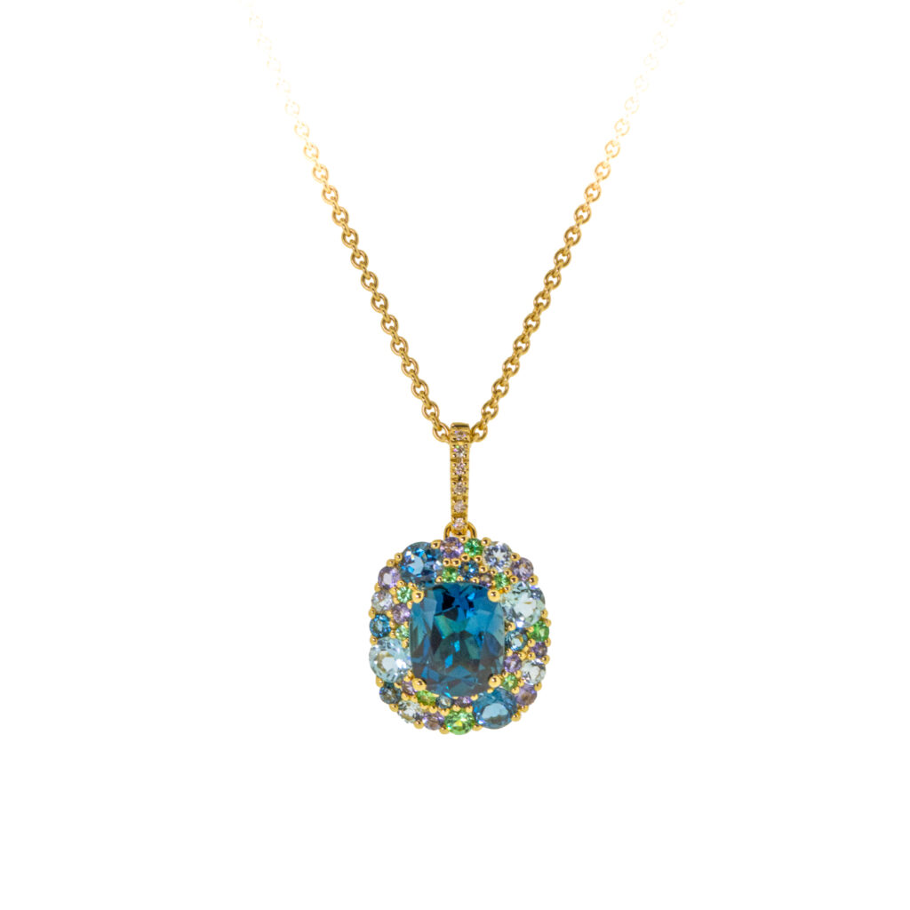 Isabelle Langlois Pendant pendant, 18ct, gold, London, topaz, blue, iolite, tsavorite, diamond, isabelle langlois, peridot, topaz, tsavorite, diamond, owen and jones, hungerford