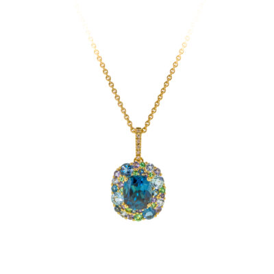 pendant, 18ct, gold, London, topaz, blue, iolite, tsavorite, diamond, isabelle langlois, peridot, topaz, tsavorite, diamond, owen and jones, hungerford