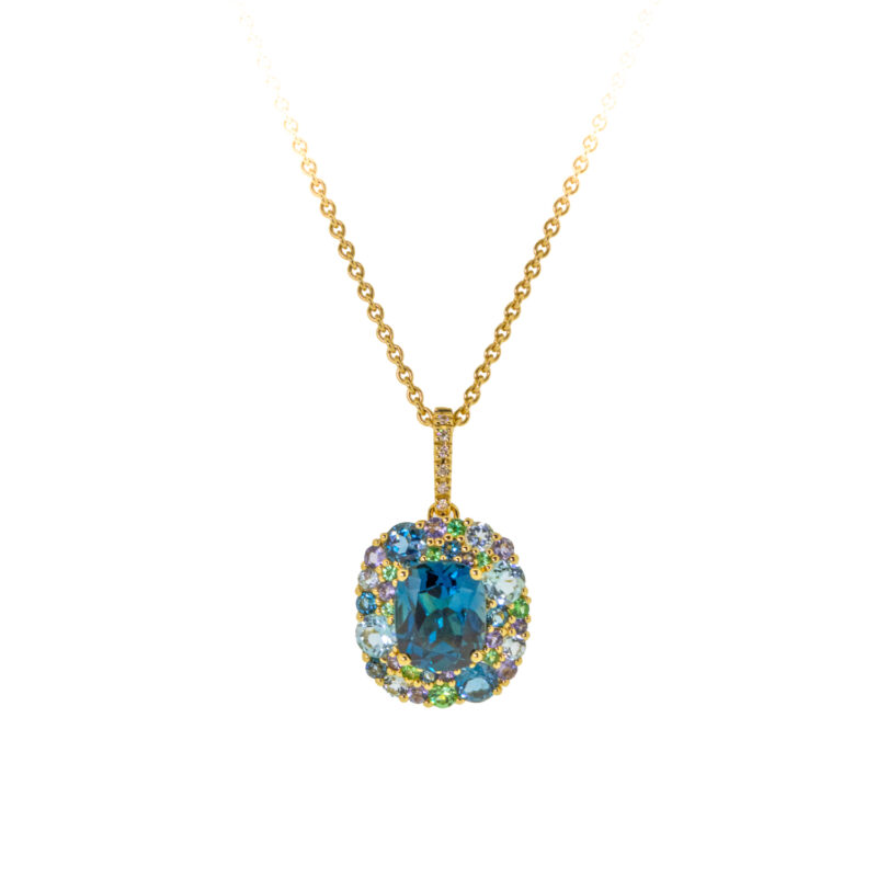 pendant, 18ct, gold, London, topaz, blue, iolite, tsavorite, diamond, isabelle langlois, peridot, topaz, tsavorite, diamond, owen and jones, hungerford