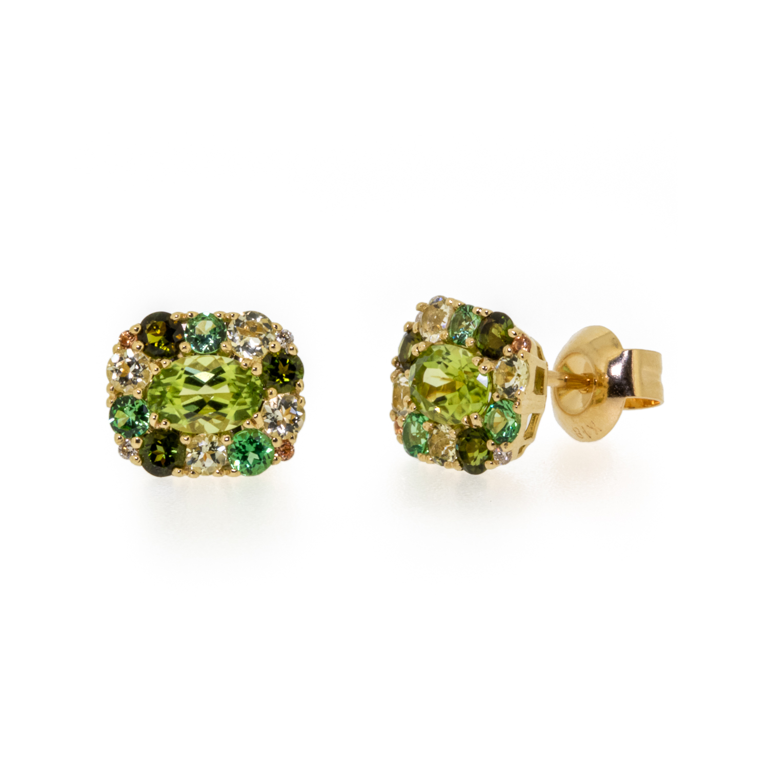 Isabelle Langlois earring studs earrings, 18ct, gold, isabelle langlois, peridot, green tourmaline, quartz lemon, yellow, sapphire, owen and jones, hungerford