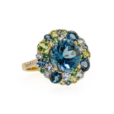 ring, 18ct, gold, isabelle langlois, peridot, topaz, tsavorite, diamond, owen and jones, hungerford