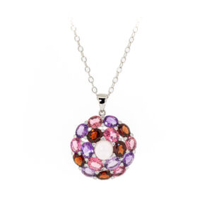 18ct, gold, white, necklace, pendant, owen and jones, moonstone, amethyst, tormaline, pink, diamond, garnet, multi stone, hungerford