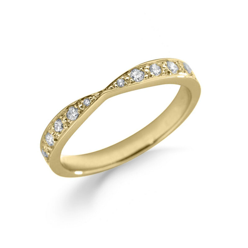 18ct yellow gold shaped ladies wedding band, grain set with brilliant-cut diamond