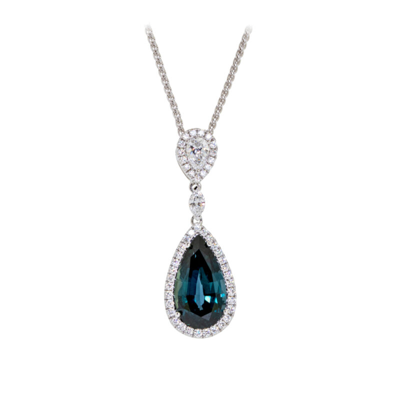 Teal Sapphire and Diamond pendant, owen and jones, hungerford,