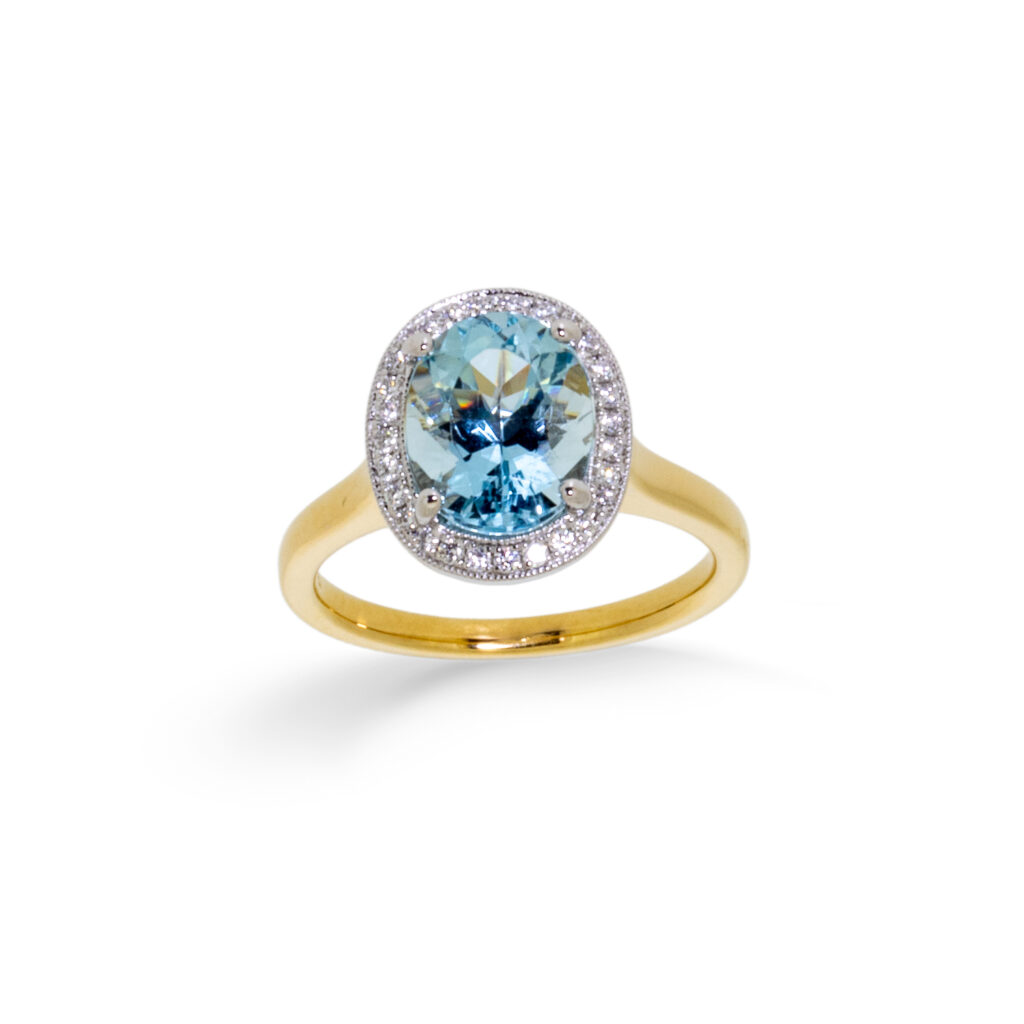 Aquamarine and Diamond cluster ring hungerford Owen and Jones