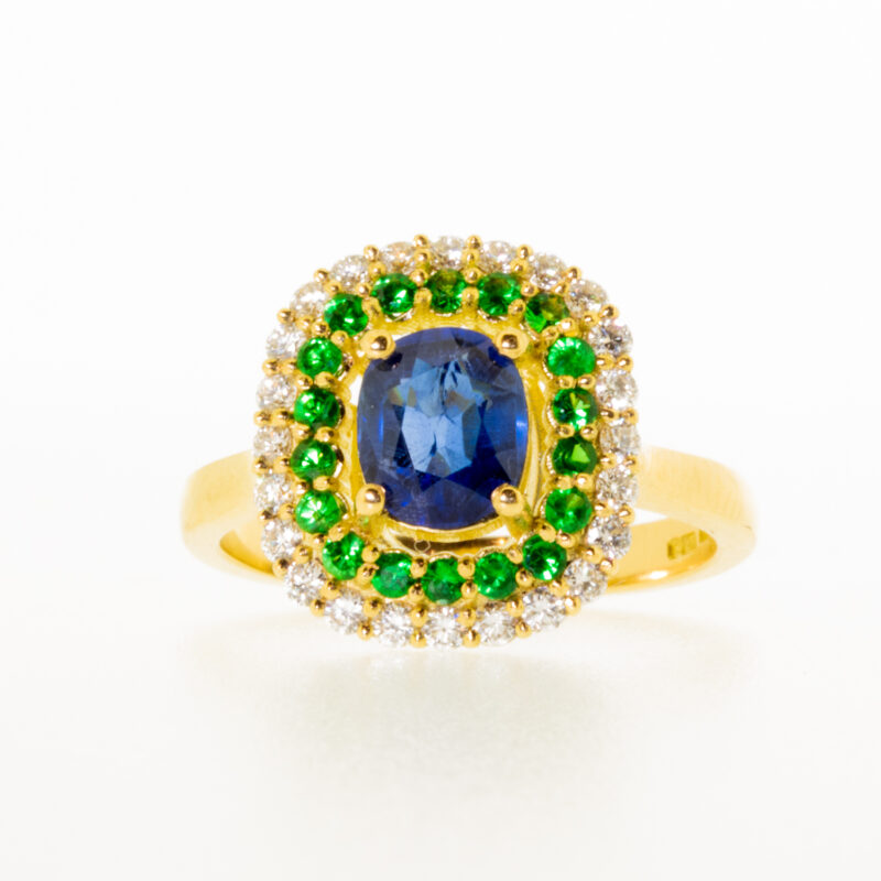 Sapphire, tsavorite, diamond, ring, cushion, cluster, owen and jones, hungerford