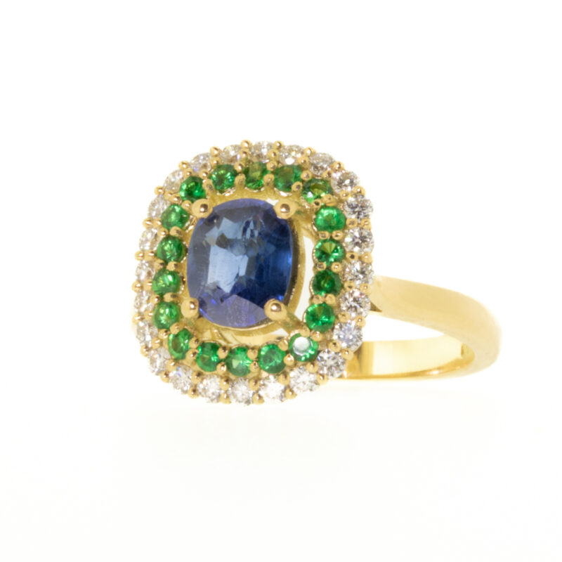 Sapphire, tsavorite, diamond, ring, cushion, cluster, owen and jones, hungerford