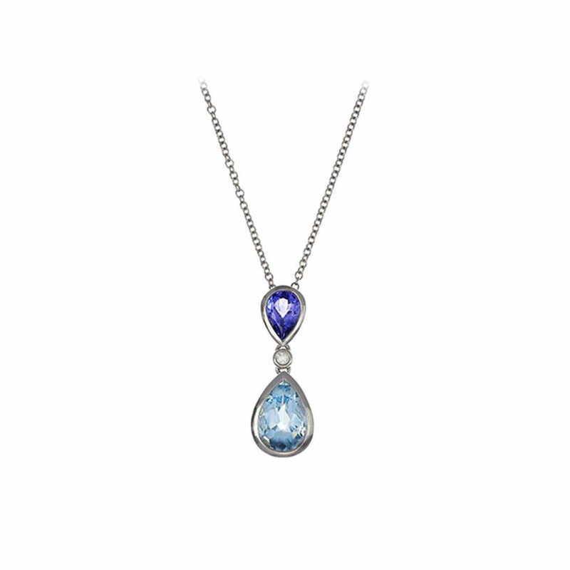 tanzanite, aquamarine, diamond, pendant, owen and jones, hungerford