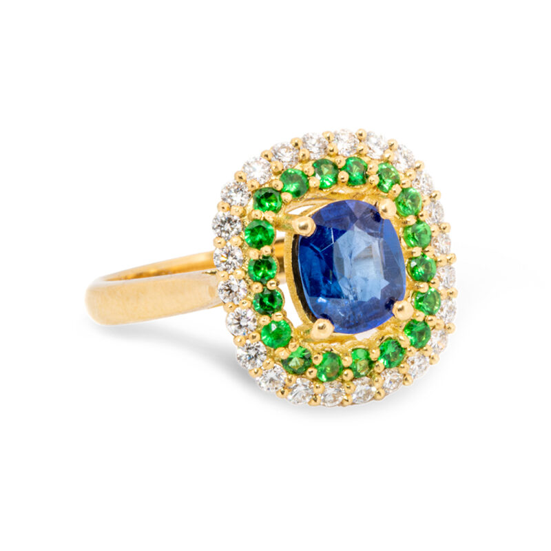Sapphire, Tsavorite and Diamond ring