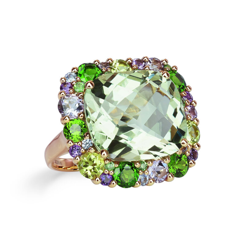 18ct rose gold green Quartz 12.43ct cushion shaped cluster ring surrounded by Amethyst 0.21ct, Diopside 1.14ct, Diamond 0.10ct, Amethyst rose de France 0.54ct, Peridot 0.67ct, Sapphire 0.12ct and tsavorite.