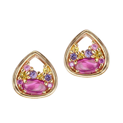 18ct pink gold drop shape studs set with a Cabachon oval Rubellite, surrounded by Amethyst, Citrine, and pink Sapphire.