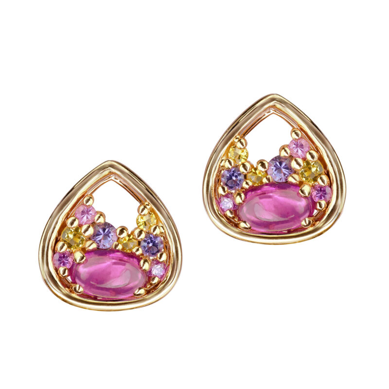 18ct pink gold drop shape studs set with a Cabachon oval Rubellite, surrounded by Amethyst, Citrine, and pink Sapphire.