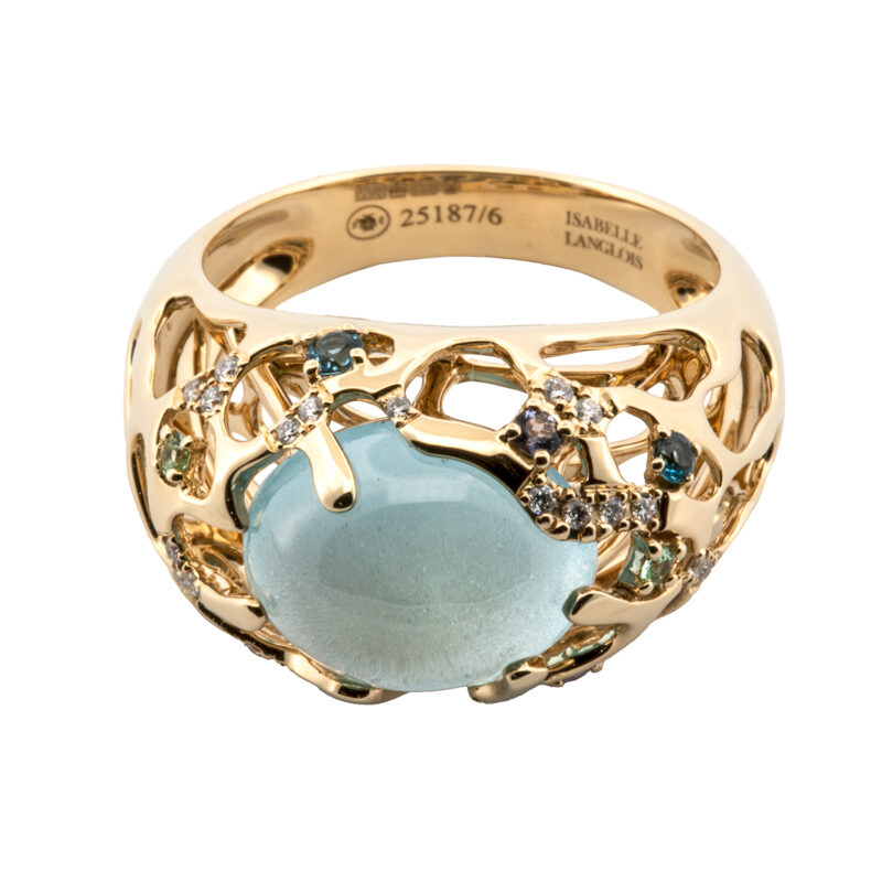 18ct yellow gold dress ring set with an oval cabachon blue Topaz, surrounded by London blue Topaz, Iolite, Tsavorite and Diamonds. owen and jones hungerford