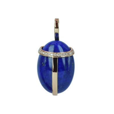 72200040 18ct yellow gold oval Lapis pendant overlaid with grain set Diamonds