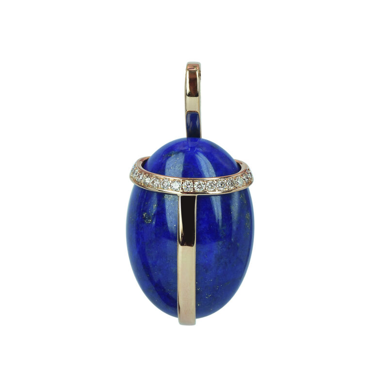 72200040 18ct yellow gold oval Lapis pendant overlaid with grain set Diamonds